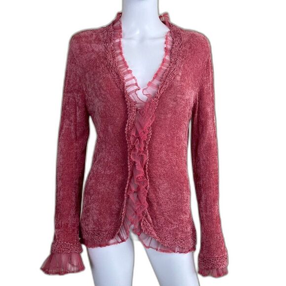 Boston Proper Sweaters - Boston Proper Women's Size S Pink Ruffle Terry Cloth Cardigan Sweater Victorian